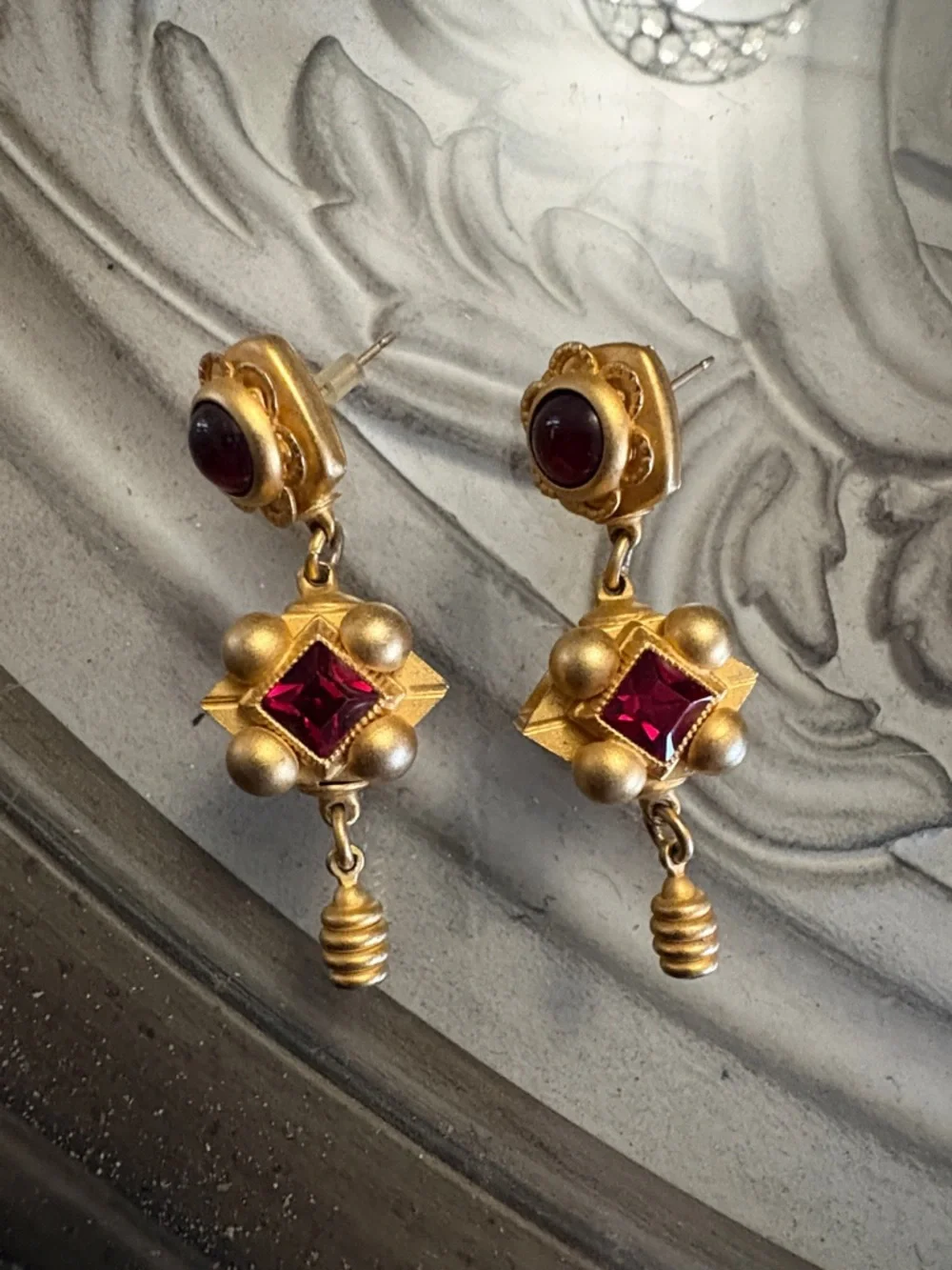 Vintage Natasha Stambouli Gold Tone Dangle Earrings with Stones - Picture 3 of 5